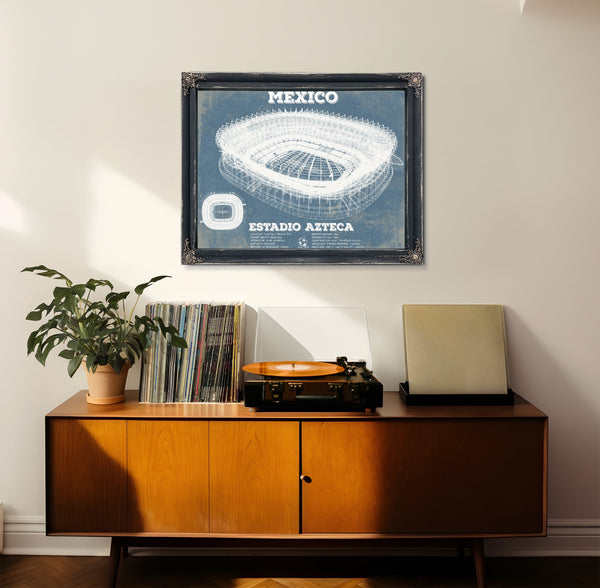Mexico Football - Estadio Azteca Stadium Print framed in Vintage Black in a loft bedroom