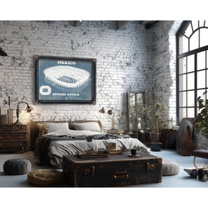 Mexico Football - Estadio Azteca Stadium Print framed in Vintage Black in a farmhouse entryway