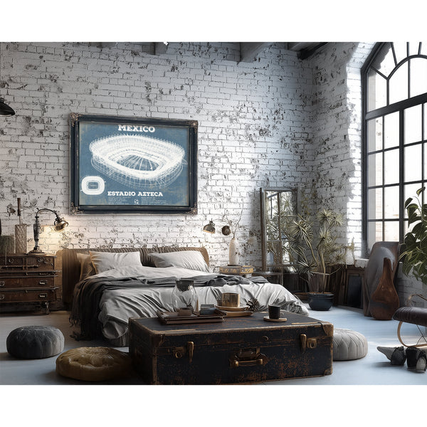 Mexico Football - Estadio Azteca Stadium Print framed in Vintage Black in a farmhouse entryway