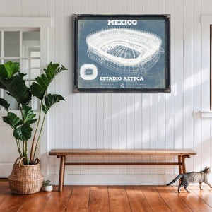 Mexico Football - Estadio Azteca Stadium Print framed in Vintage Black above a rustic console table