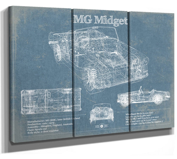 36" x 24" / 3 Panel Canvas Wrap Cutler West MG Midget Vintage Blueprint Auto Print