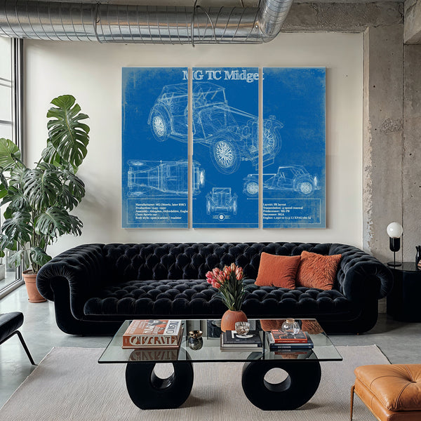 MG TC Midget Blueprint Art Print as a 3 panel canvas wrap in a modern living room