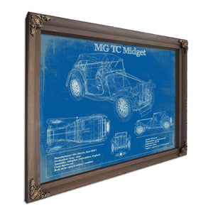 MG TC Midget Blueprint Art Print in a Bourbon stained wood frame with antique gold corners