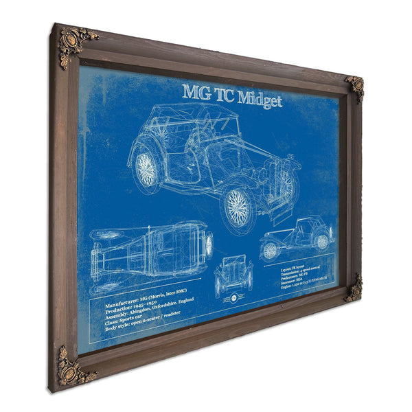 MG TC Midget Blueprint Art Print in a Bourbon stained wood frame with antique gold corners