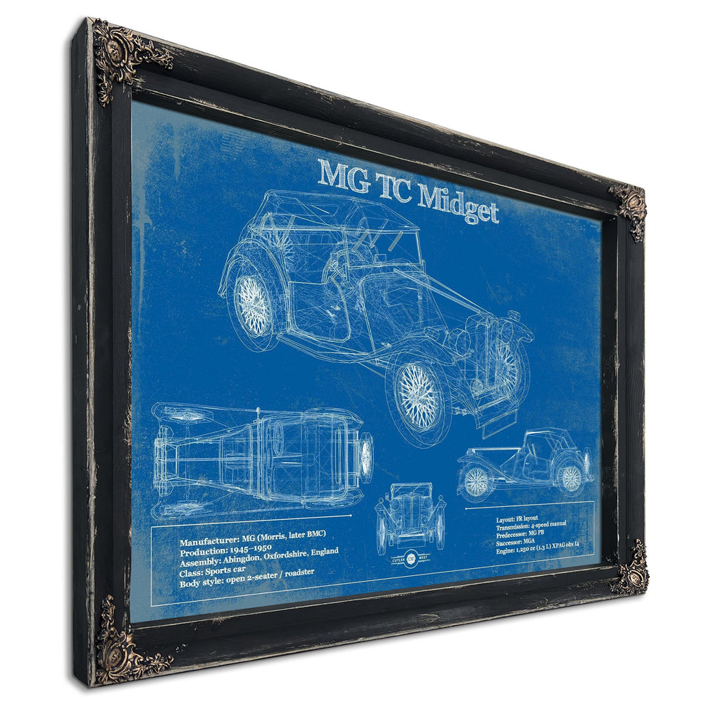 MG TC Midget Blueprint Art Print in a distressed Vintage Black wood frame with ornate corners