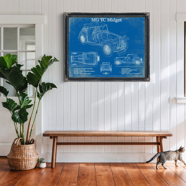 MG TC Midget Blueprint Art Print framed in Vintage Black above a rustic console table