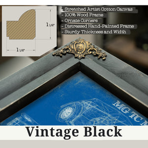 Vintage Black frame corner detail, 1.5 inch ornate wood moulding, MG TC Midget Blueprint Art Print