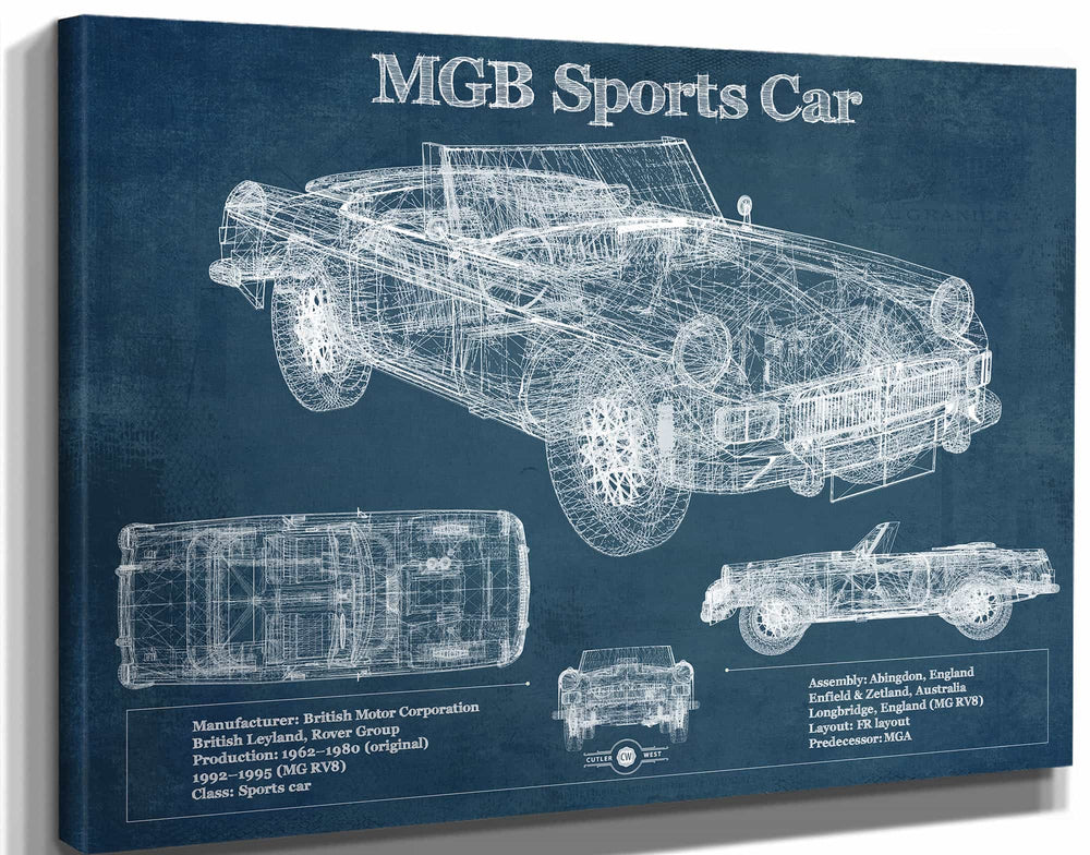 14" x 11" / Stretched Canvas Wrap Cutler West Mgb Sports Car Blueprint Vintage Auto Print
