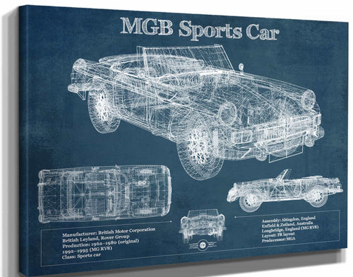 14" x 11" / Stretched Canvas Wrap Cutler West Mgb Sports Car Blueprint Vintage Auto Print