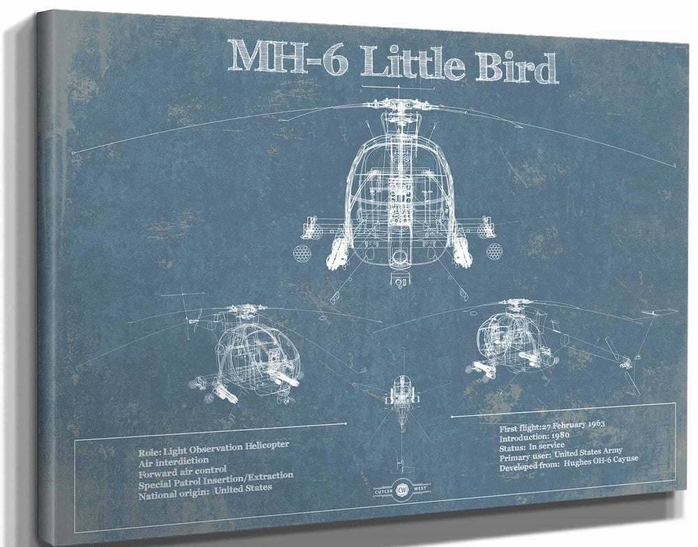 14" x 11" / Stretched Canvas Wrap Cutler West MH-6 Little Bird Helicopter Vintage Aviation Blueprint Military Print