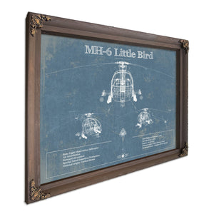 MH-6 Little Bird Helicopter Blueprint Aviation Print in a Bourbon stained wood frame with antique gold corners