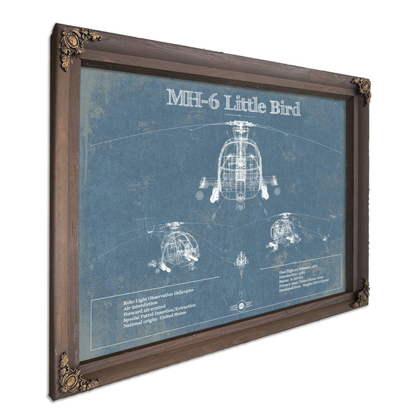 MH-6 Little Bird Helicopter Blueprint Aviation Print in a Bourbon stained wood frame with antique gold corners