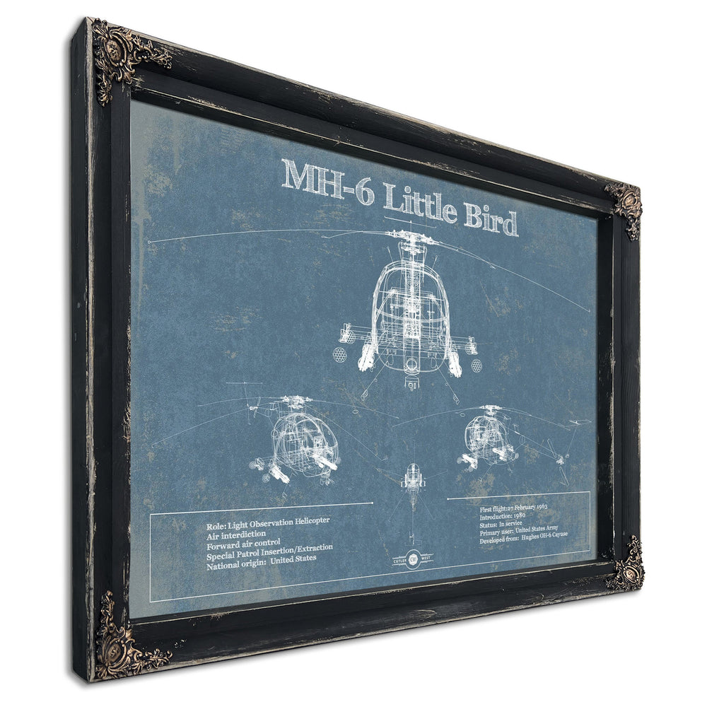 MH-6 Little Bird Helicopter Blueprint Aviation Print in a distressed Vintage Black wood frame with ornate corners
