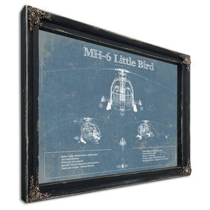MH-6 Little Bird Helicopter Blueprint Aviation Print in a distressed Vintage Black wood frame with ornate corners