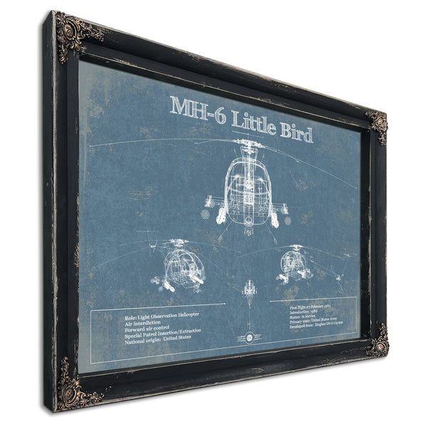 MH-6 Little Bird Helicopter Blueprint Aviation Print in a distressed Vintage Black wood frame with ornate corners