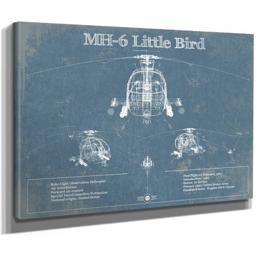 MH-6 Little Bird Helicopter Blueprint Aviation Print as a stretched canvas wrap with gallery wrapped edges