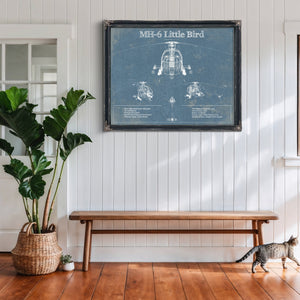 MH-6 Little Bird Helicopter Blueprint Aviation Print framed in Vintage Black above a rustic console table