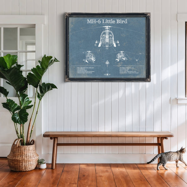 MH-6 Little Bird Helicopter Blueprint Aviation Print framed in Vintage Black above a rustic console table