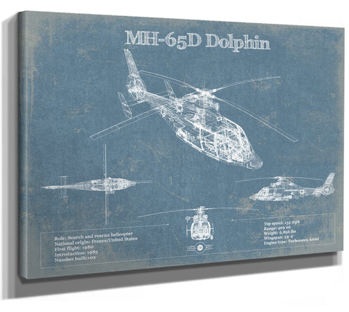 14" x 11" / Stretched Canvas Wrap Cutler West MH-65D Dolphin Helicopter Vintage Aviation Blueprint Military Print