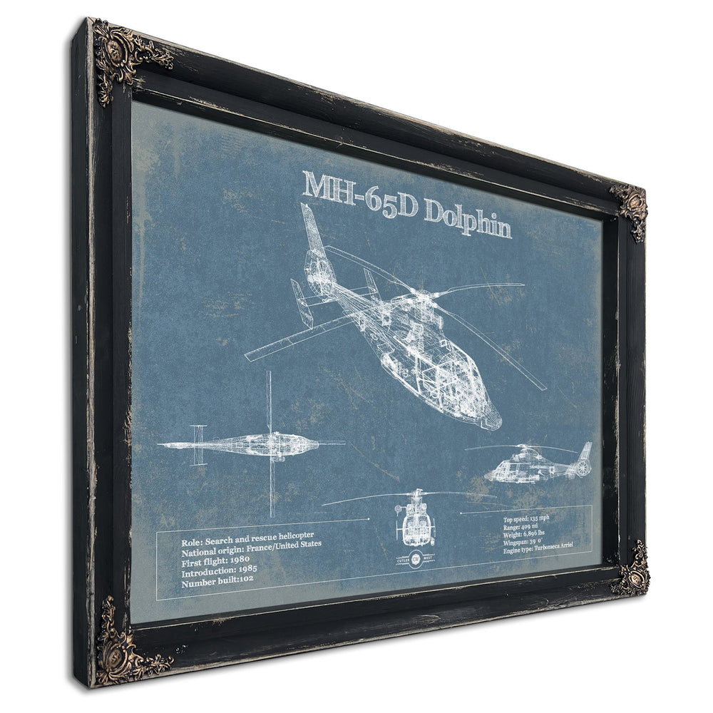 MH-65D Dolphin Helicopter Blueprint Aviation Print in a distressed Vintage Black wood frame with ornate corners