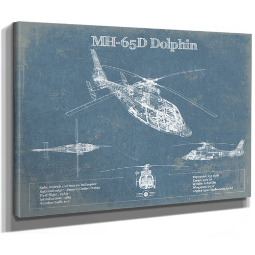 MH-65D Dolphin Helicopter Blueprint Aviation Print as a stretched canvas wrap with gallery wrapped edges