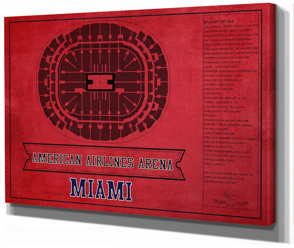 14" x 11" / Stretched Canvas Wrap Cutler West Miami Heat - American Airlines Arena Vintage Basketball Blueprint NBA Team Color Print