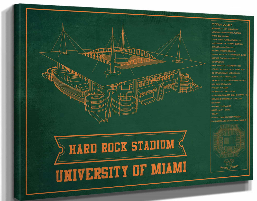 14" x 11" / Stretched Canvas Wrap Cutler West Miami Hurricanes - Hard Rock Vintage Football Stadium Blueprint