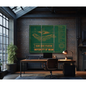 Miami Hurricanes - Hard Rock Football Stadium Print as a 3 panel canvas wrap in an industrial loft office