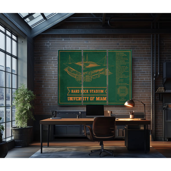 Miami Hurricanes - Hard Rock Football Stadium Print as a 3 panel canvas wrap in an industrial loft office