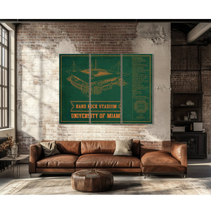 Miami Hurricanes - Hard Rock Football Stadium Print as a 3 panel canvas wrap above a leather sofa