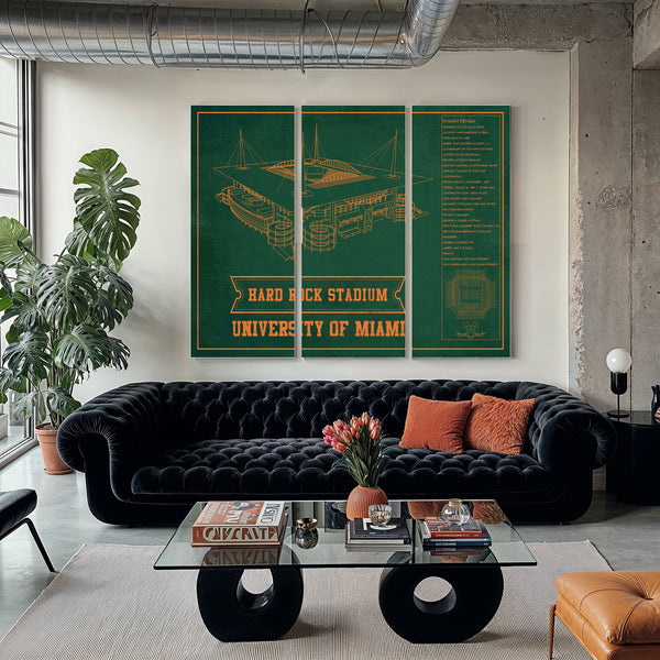 Miami Hurricanes - Hard Rock Football Stadium Print as a 3 panel canvas wrap in a modern living room