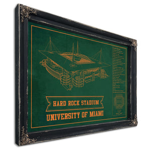 Miami Hurricanes - Hard Rock Football Stadium Print in a distressed Vintage Black wood frame with ornate corners