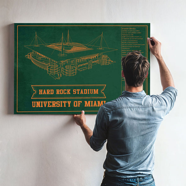 Miami Hurricanes - Hard Rock Football Stadium Print framed in Vintage Black above a mid-century record console