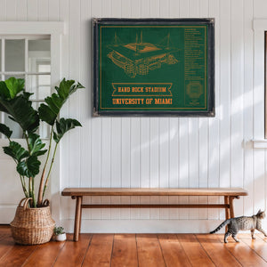 Miami Hurricanes - Hard Rock Football Stadium Print framed in Vintage Black above a rustic console table