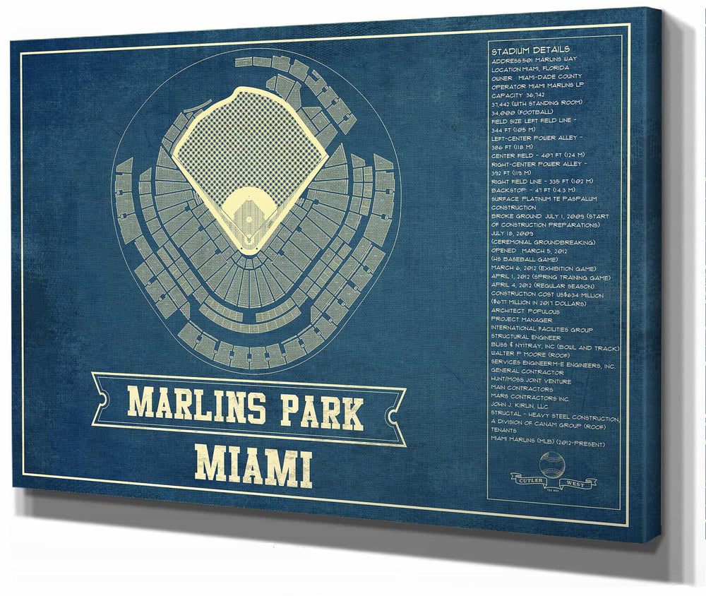 14" x 11" / Stretched Canvas Wrap Cutler West Miami Marlins - Marlin Park Blueprint - Vintage Baseball Fan Print