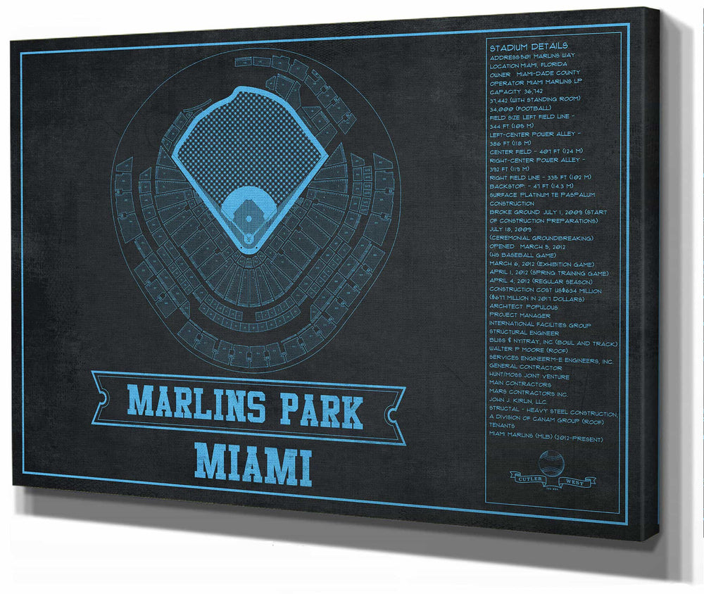 14" x 11" / Stretched Canvas Wrap Cutler West Miami Marlins - Marlin Park Blueprint - Vintage Baseball Fan Team Color Print