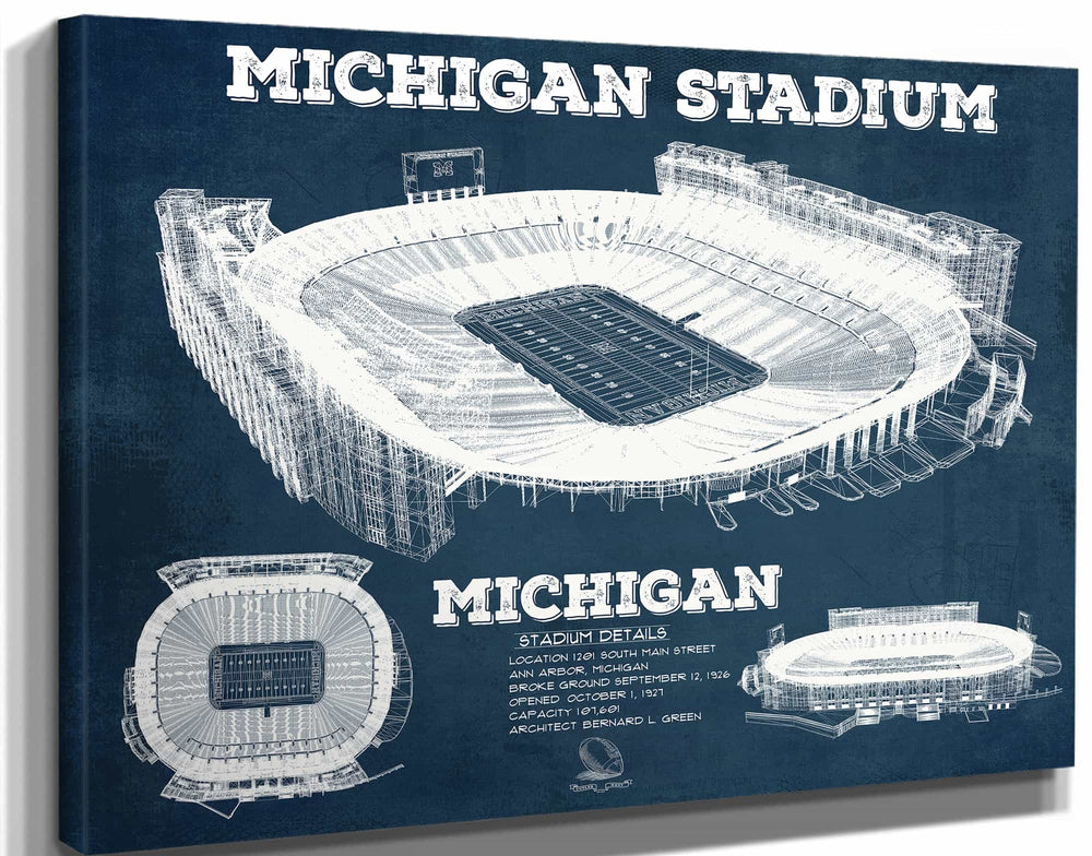 14" x 11" / Stretched Canvas Wrap Cutler West Michigan Wolverines Art - Michigan Stadium Vintage Stadium Blueprint Art Print
