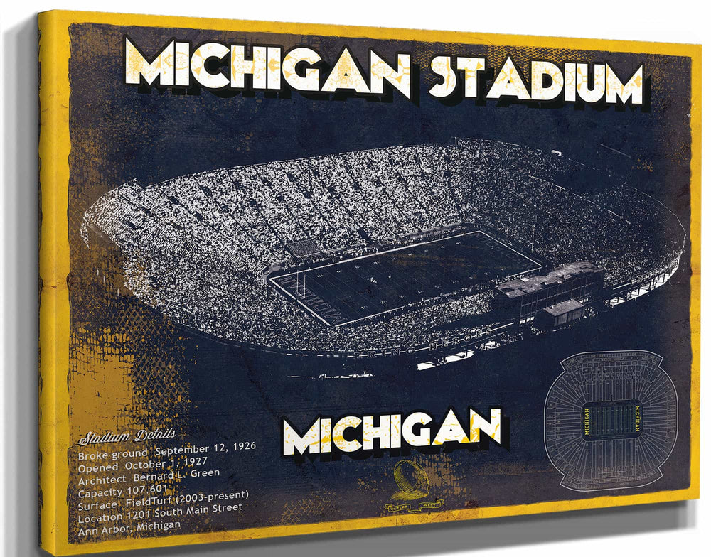 14" x 11" / Stretched Canvas Wrap Cutler West Michigan Wolverines Team Art - Michigan Stadium Vintage Stadium Blueprint Art Print