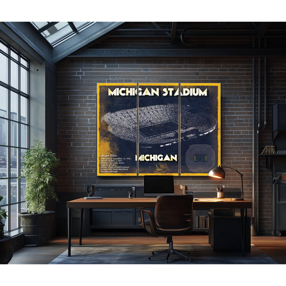 Michigan Wolverines Team Art - Michigan Stadium Print in a distressed Vintage Black wood frame with ornate corners
