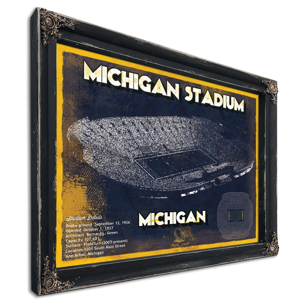 Michigan Wolverines Team Art - Michigan Stadium Print in a distressed Vintage Black wood frame with ornate corners