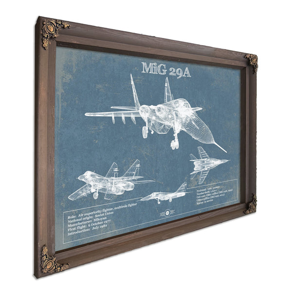 MiG 29A Patent Blueprint Original Design Russian Jet Print in a Bourbon stained wood frame with antique gold corners