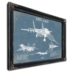 MiG 29A Patent Blueprint Original Design Russian Jet Print in a distressed Vintage Black wood frame with ornate corners