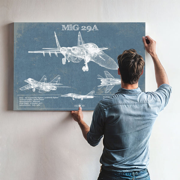MiG 29A Patent Blueprint Original Design Russian Jet Print framed in Vintage Black above a mid-century record console