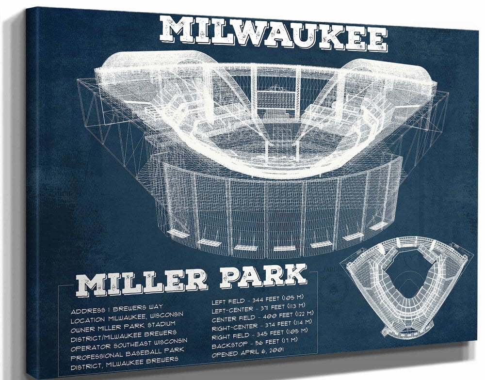 14" x 11" / Stretched Canvas Wrap Cutler West Milwaukee Brewers Miller Park Seating Chart - Vintage Baseball Fan Print