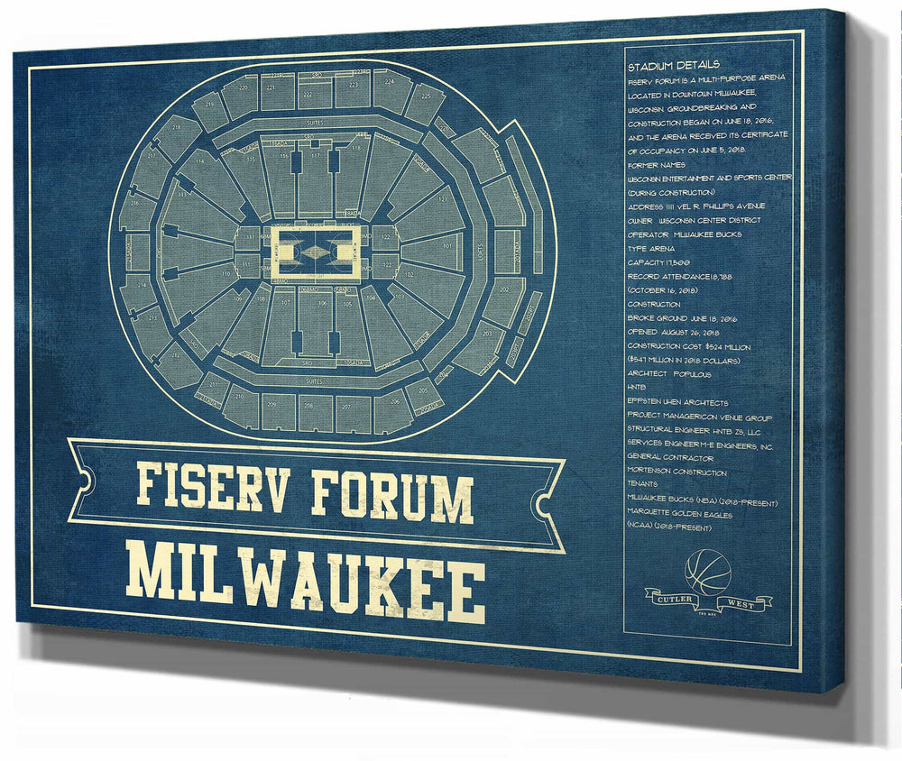 14" x 11" / Stretched Canvas Wrap Cutler West Milwaukee Bucks - Fiserv Forum Vintage Basketball Blueprint NBA Print