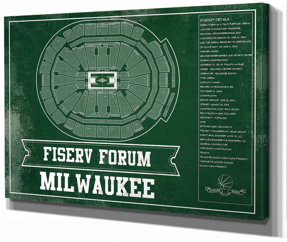14" x 11" / Stretched Canvas Wrap Cutler West Milwaukee Bucks Fiserv Forum Vintage Basketball Blueprint NBA Print