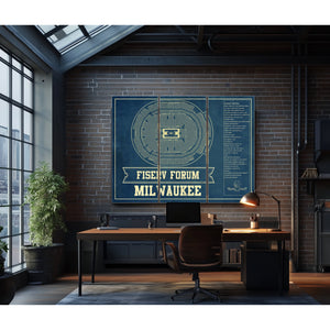 Milwaukee Bucks - Fiserv Forum Basketball Blueprint NBA Print as a 3 panel canvas wrap in an industrial loft office