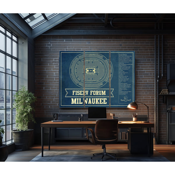 Milwaukee Bucks - Fiserv Forum Basketball Blueprint NBA Print as a 3 panel canvas wrap in an industrial loft office