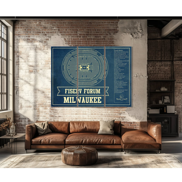 Milwaukee Bucks - Fiserv Forum Basketball Blueprint NBA Print as a 3 panel canvas wrap above a leather sofa
