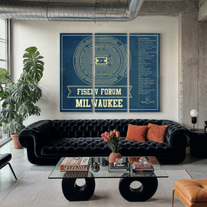 Milwaukee Bucks - Fiserv Forum Basketball Blueprint NBA Print as a 3 panel canvas wrap in a modern living room